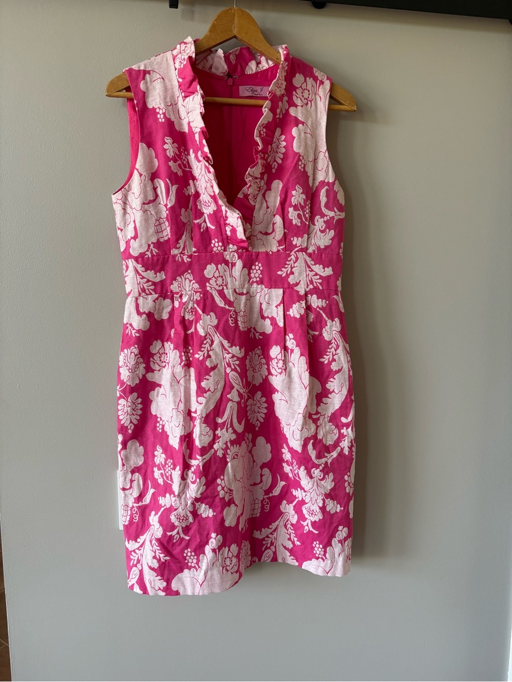 Eliza J Pink Floral Ruffle V Neck Dress Cotton Sheath Dress Sz 10 Spring Summer